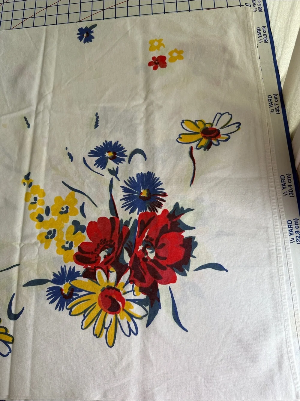 Vintage 50s Floral Tablecloth 64 x 52 Red Yellow Blue Cotton Kitchen Linen